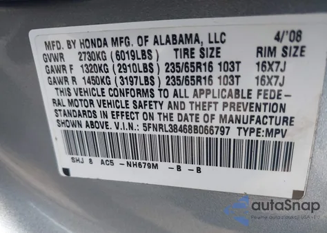 2008 Honda Odyssey Ex from USA, damaged, VIN 5FNRL38468B066797